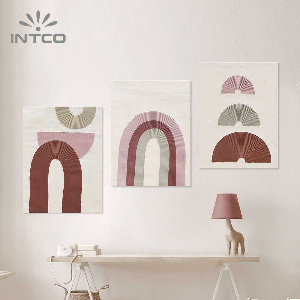 Intco lovely canvas art set features a warm color pallette and a decorative abstract look to pop off your wall